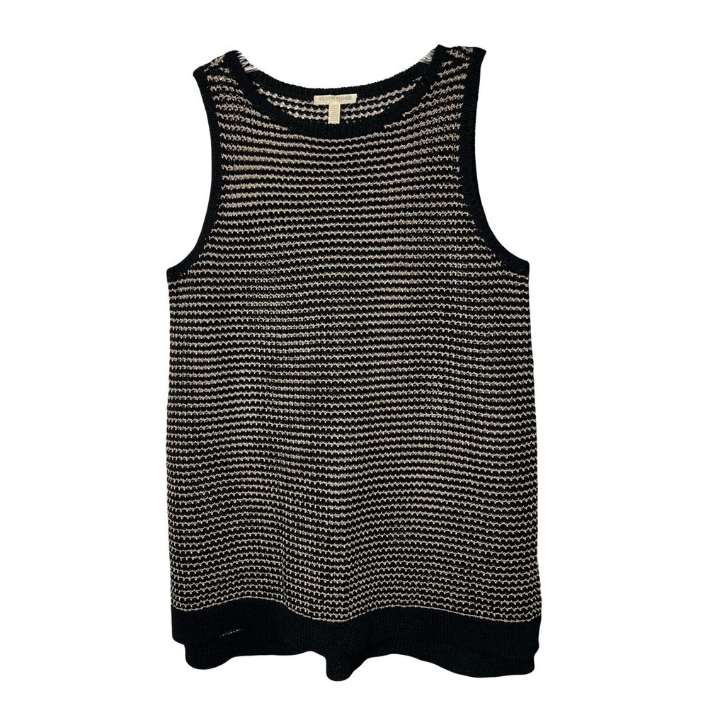 Eileen Fisher | Black Cream Linen Blend Mesh Knit Sleeveless Tank, Large Petite - Picture 1 of 6